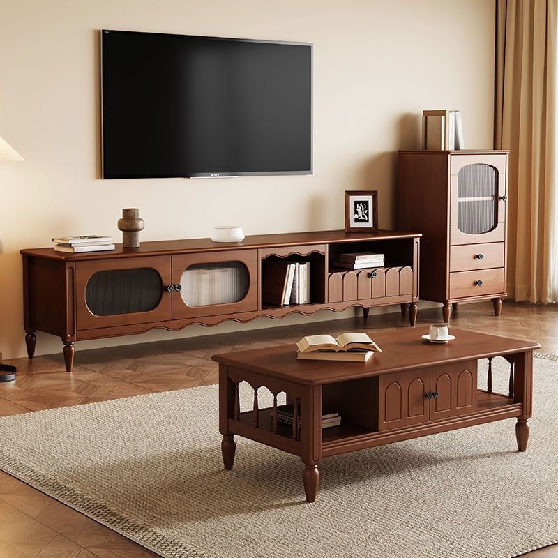 Retro solid wood TV cabinet coffee table combination living room home French antique storage TV cabinet