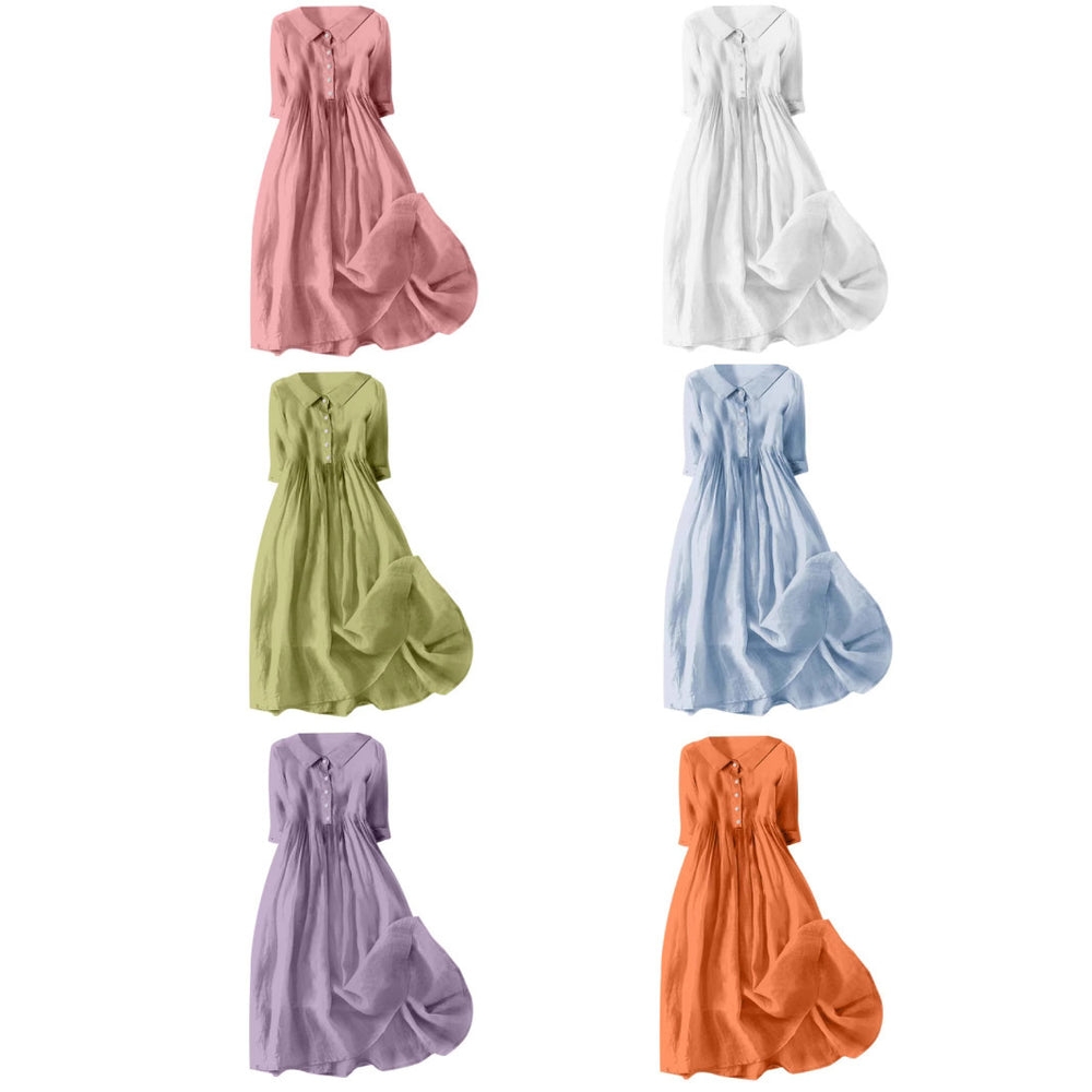 new women's casual cotton linen solid color loose-fit dress for cross-border
