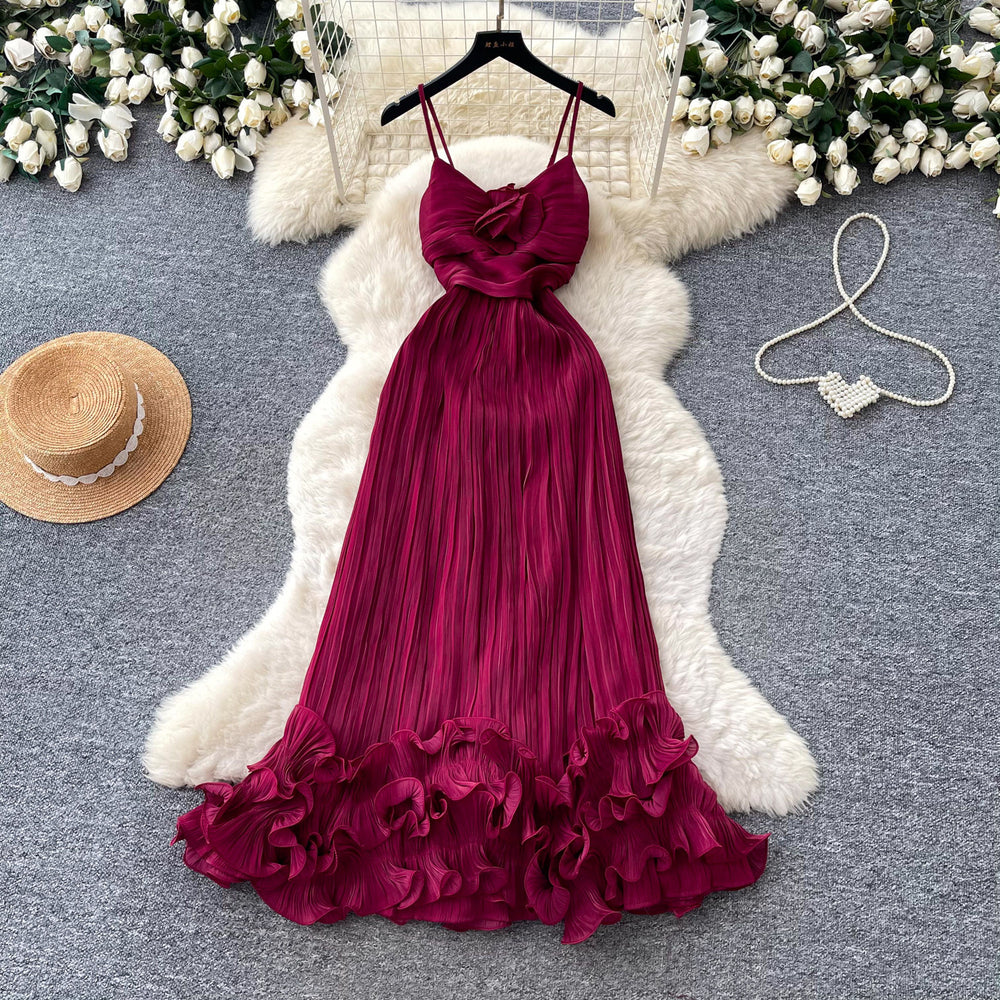 French style sweet camisole dress - women's summer korean high-waisted ruffle trim a-line dress - vacation ready