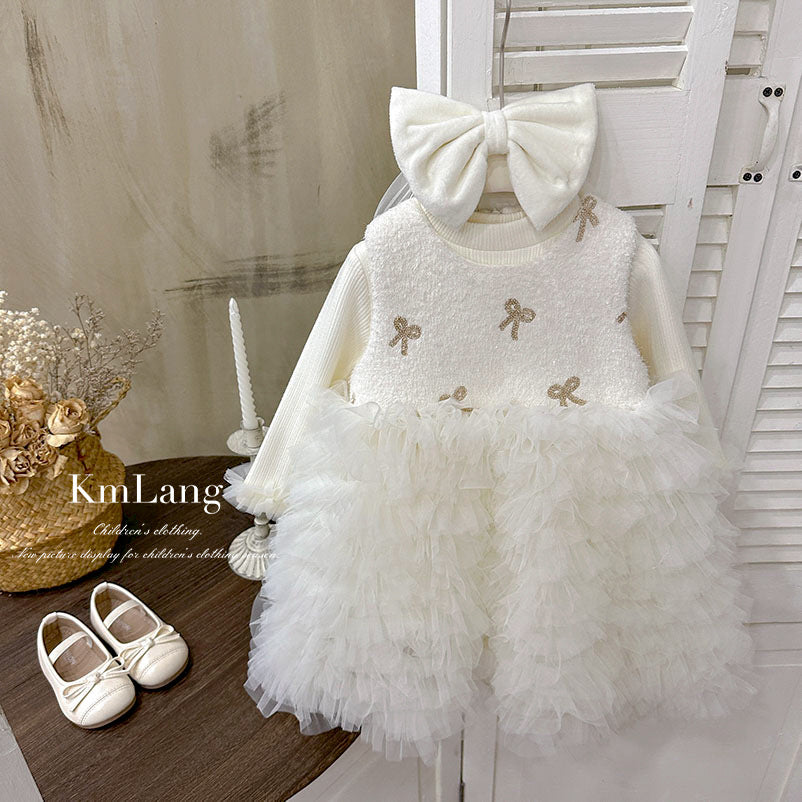 Girls' dress  winter red fleece-lined mesh skirt children's princess dress toddler & little girl bowknot formal gown