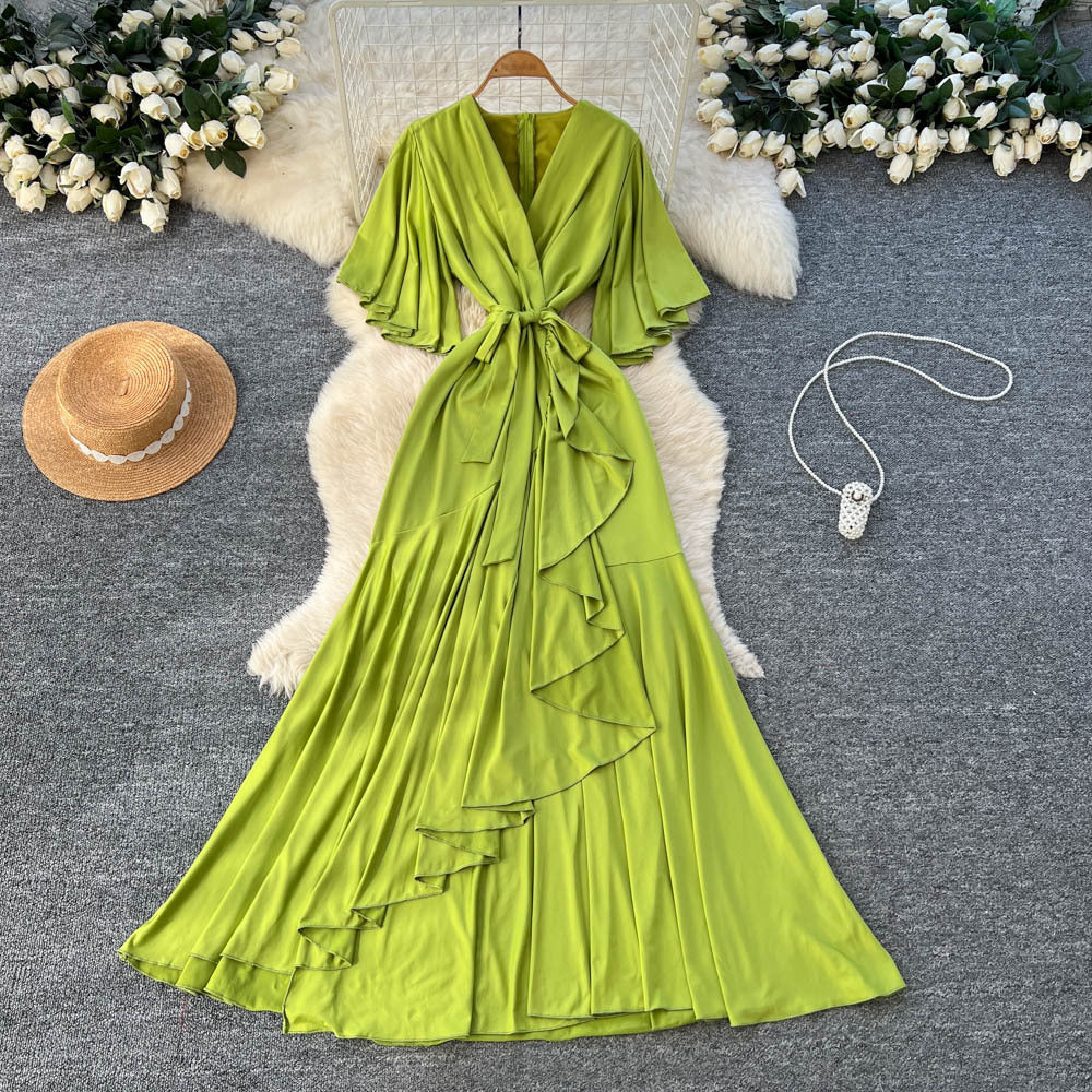 Elegant accessible luxuryclassydressniche stylefrenchfashionv neck bell sleeves tie waist asymmetrical long skirt