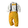 Autumn new korean style boys' outfit: long-sleeved stand collar white shirt and suspender pants, gentleman's two-piece set for kids