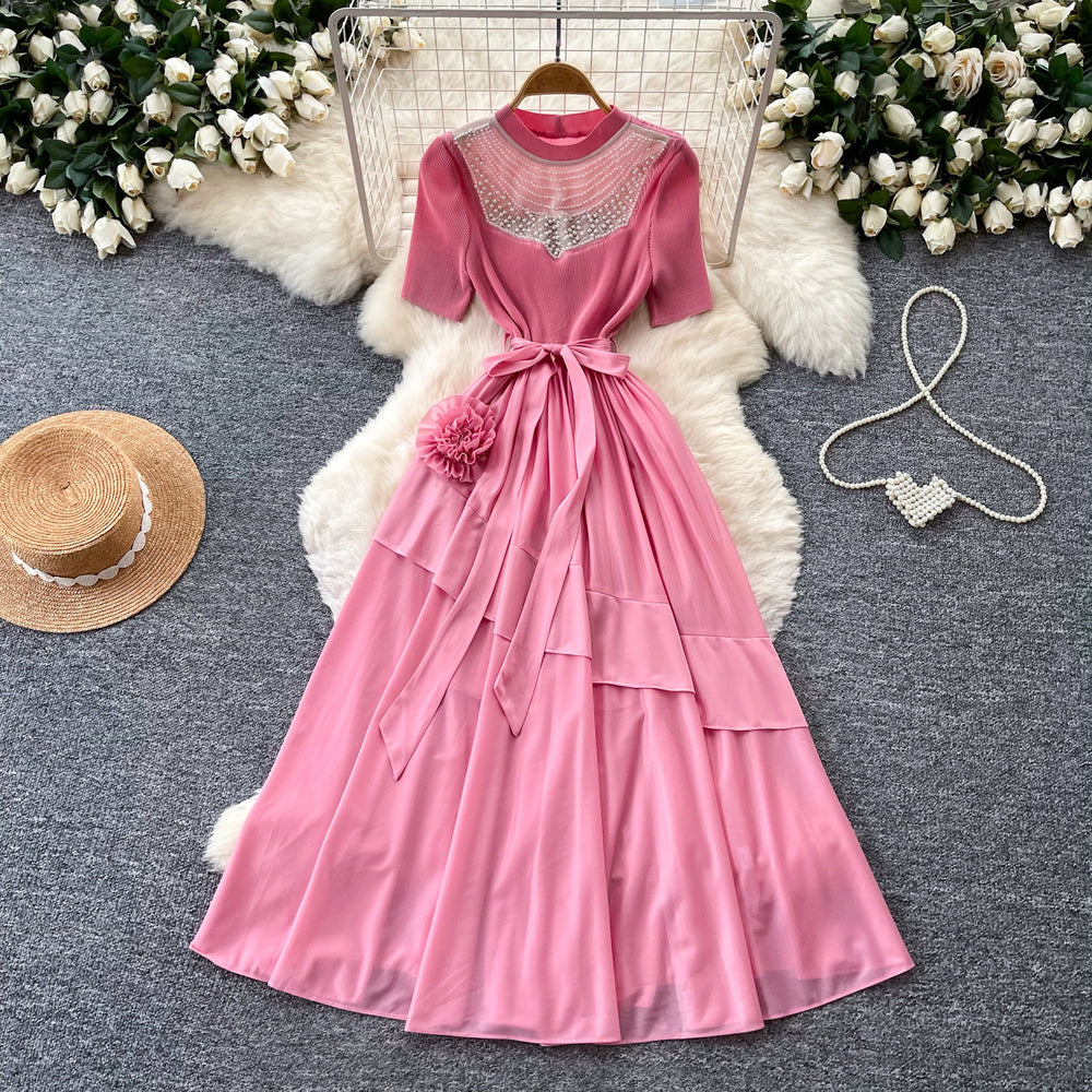 Qianjinfeng heavy industry beading asymmetrical dress women's green mesh patchwork waist slimming look a-line elegant long skirt