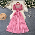 Qianjinfeng heavy industry beading asymmetrical dress women's green mesh patchwork waist slimming look a-line elegant long skirt