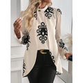 women's black floral print ribbed collar blouse with bubble sleeves and asymmetrical hem satin casual top