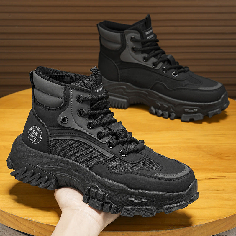 Men's work boots: spring outdoor hiking, anti-slip, wear-resistant, work, sports, thick sole, height increasing, black martin boots