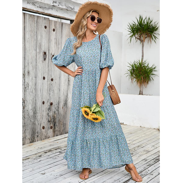 Real shot, European and American  Middle East robe loose round neck medium sleeve dress large size retro casual floral dress