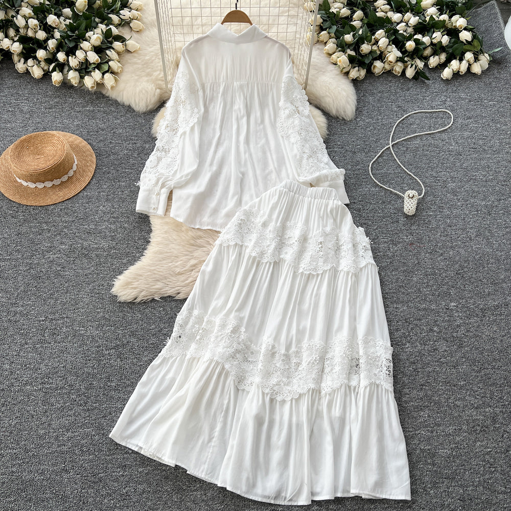 spring palace style two-piece set: women's french hollow-out lace embroidered long-sleeve blouse and high-waisted flared midi skirt