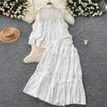 spring palace style two-piece set: women's french hollow-out lace embroidered long-sleeve blouse and high-waisted flared midi skirt