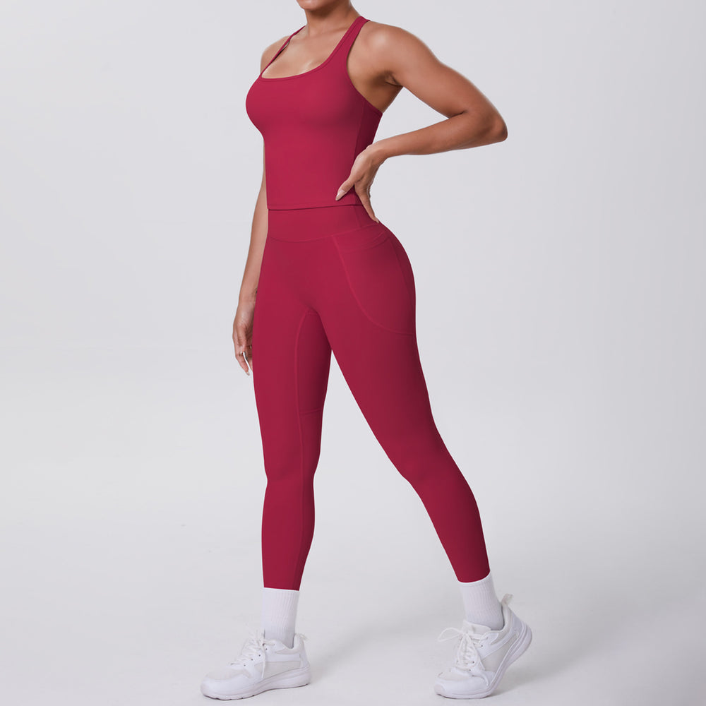 fashion brushed pure color tight racerbackflap pocket pants sports suit running fitness yoga clothes two-piece set