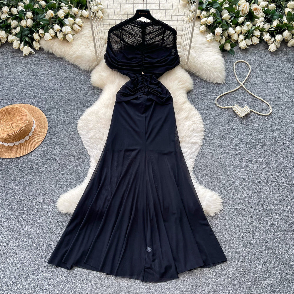 Eleganceelegant pleated silm pure lust style dress women's summer strap waist high waist a-line skirt slimming look long skirt