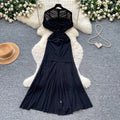 Eleganceelegant pleated silm pure lust style dress women's summer strap waist high waist a-line skirt slimming look long skirt