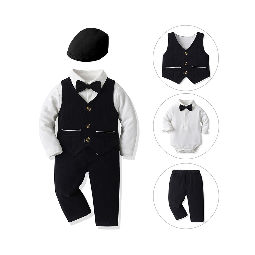 New korean style export children's suit: baby long-sleeve cotton shirt, vest set, and beret three-piece outfit