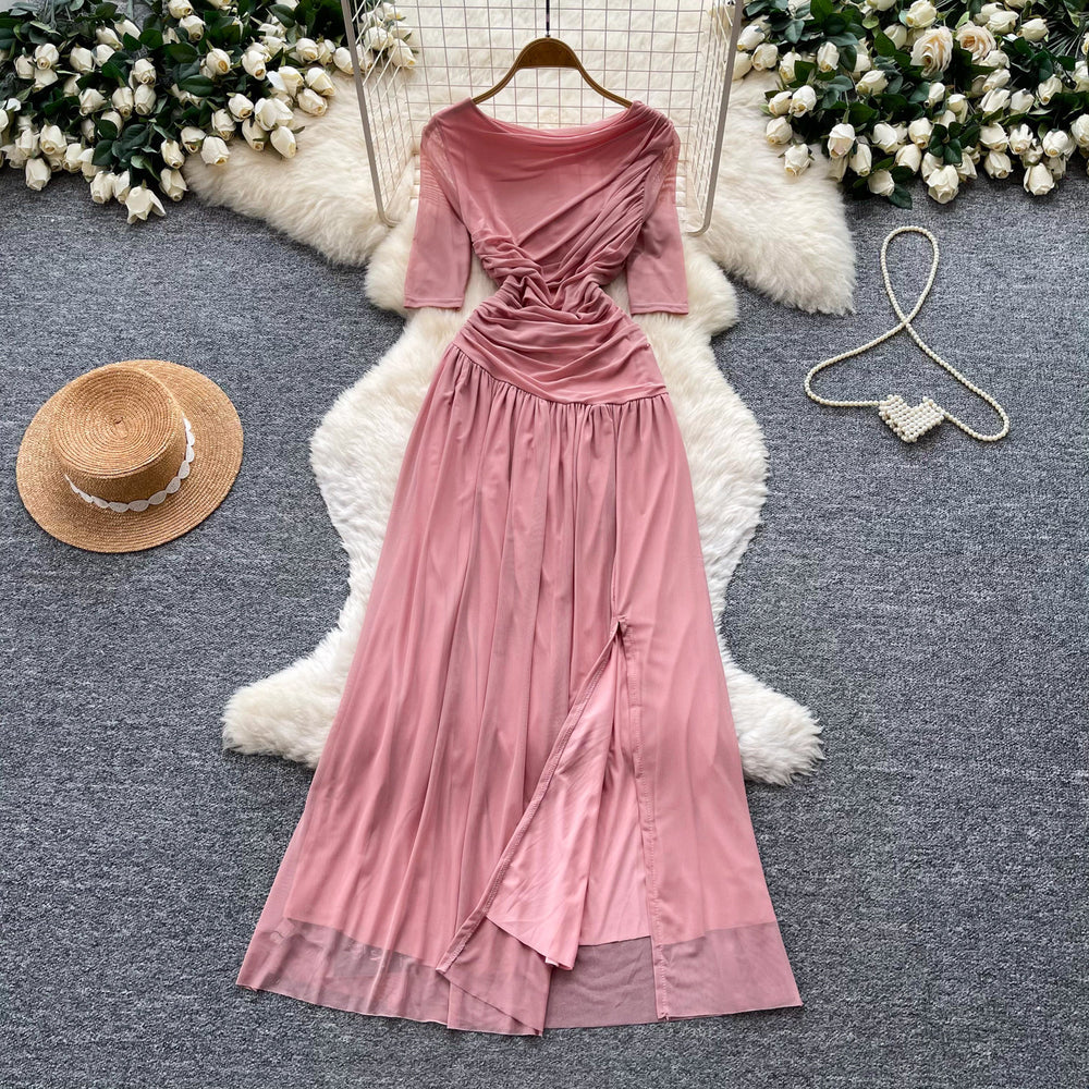 Hepburn style pink a-line slit long sleevesdress women's summer short-sleeved high waist pleated elegantelegance long skirt