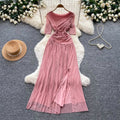 Hepburn style pink a-line slit long sleevesdress women's summer short-sleeved high waist pleated elegantelegance long skirt