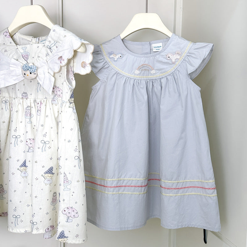 【summer clearance with free shipping】 summer girls' clothing: heavily embroidered flutter sleeve dress for baby girls, cotton fabric