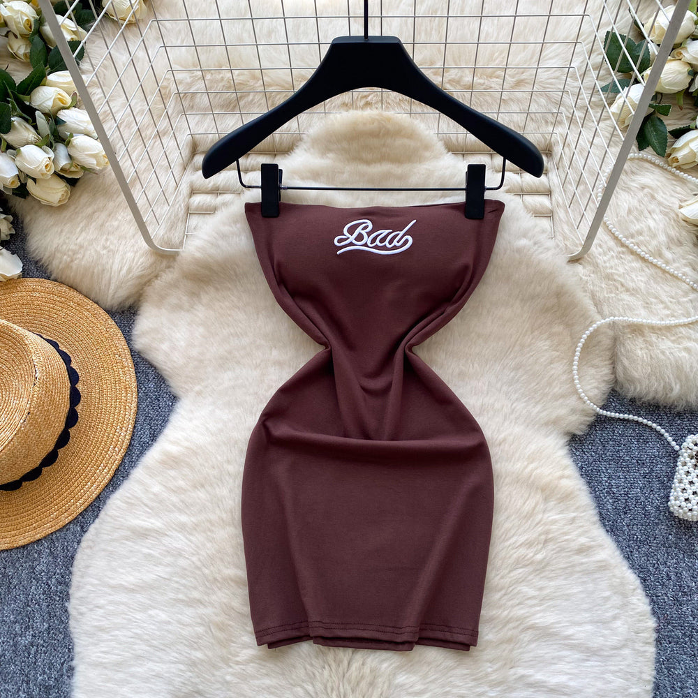 K-style lazy style sleeveless red a-line dress women's summerembroider waist silmslimming lookwork clothingelegant skirt