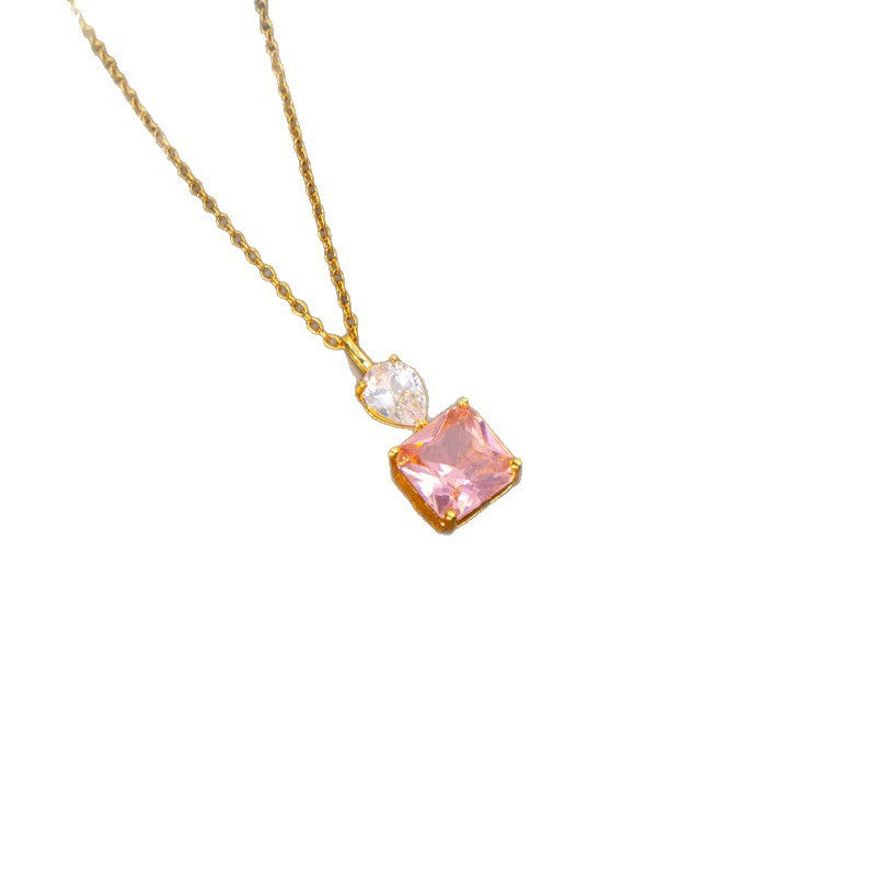 Necklace for women, popular pink zircon, geometric niche style fashion design, titanium steel pendant, elegantsuit collarbone chain