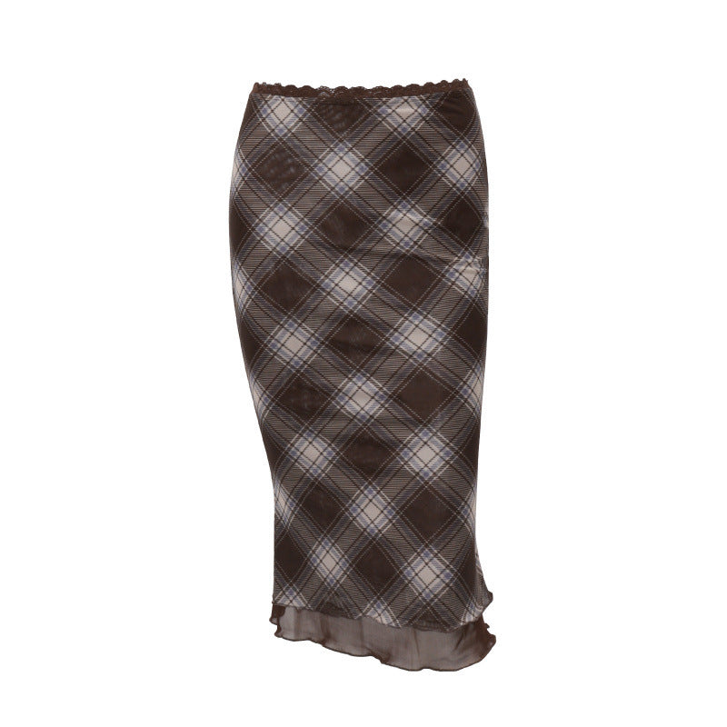 European and american women's clothing  summer new retro plaid asymmetrical neck mesh panel top and slim-fit midi skirt set