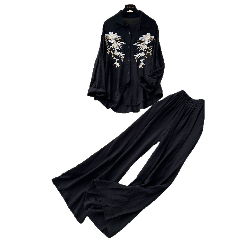 Lazy style pink embroidershirtloose pantstwo-piece set female autumlong sleevessequinwork clothingslimming lookelegantsuit