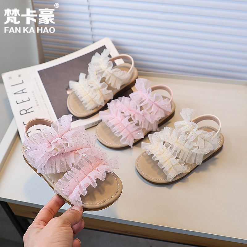 Fancahao shein mesh girls' princess shoes  summer new children's soft sole sandals flat beach shoes