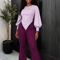work clothing lantern sleeve casualtwo-piece set waist asymmetrical topseasiest for match flarepantspurplesuit