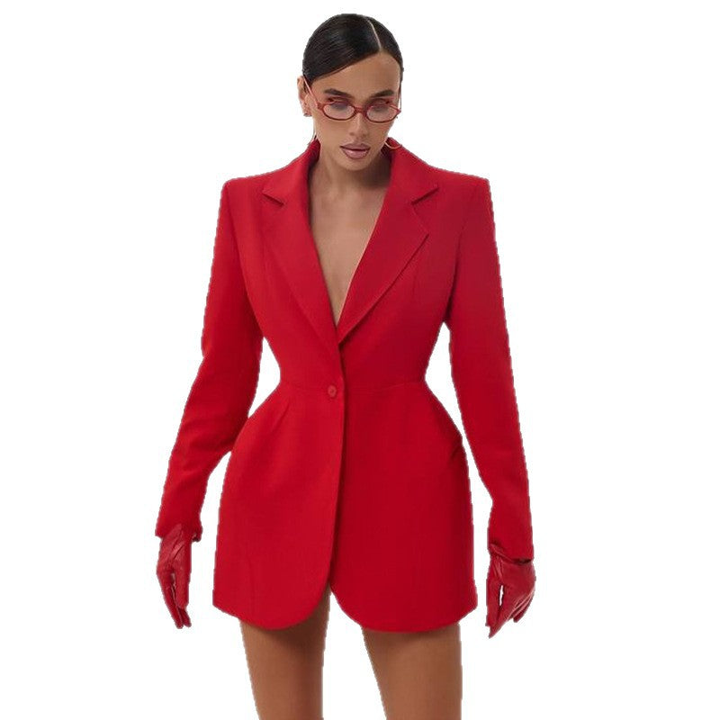 European and american women's clothing  autumn new sweet and fresh blazer with notched lapel, cinched waist, and detachable pockets