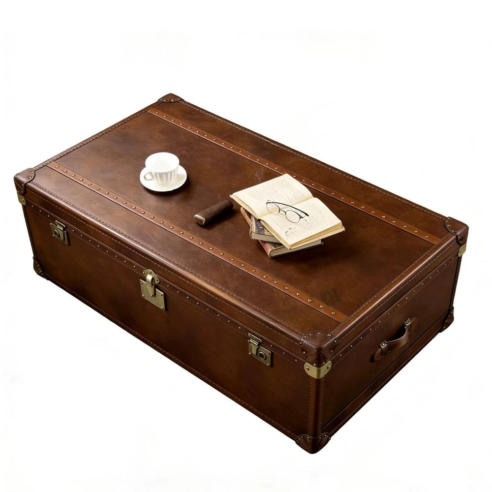 American retro oil wax genuine leather coffee table, villa living room high-end storage box, vintage style storage coffee table, cigar bar