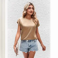 summer new arrival: women's solid color casual top - batwing sleeve satin round neck faux silk blouse