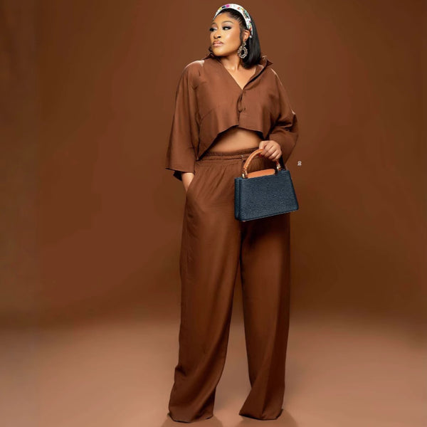 European and American large size fashion temperament solid color short top casual trousers African women's clothing foreign style thin two-piece set women