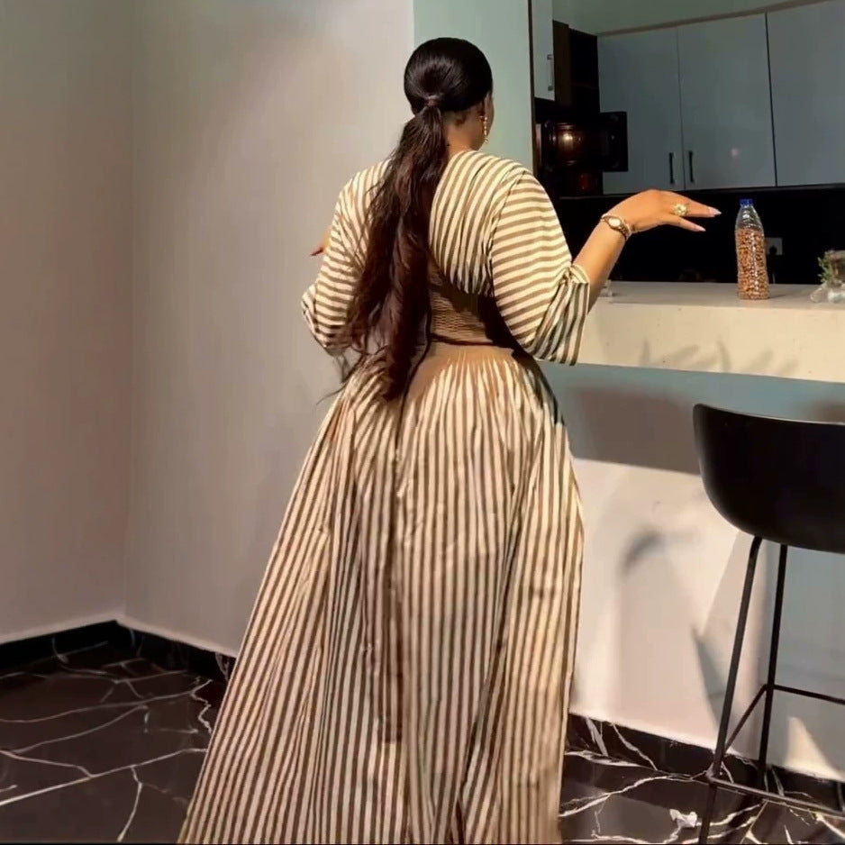 European and american cross-border women's clothing:  summer new arrival - elegant, high-end striped pleated waist-defining long a-line dress