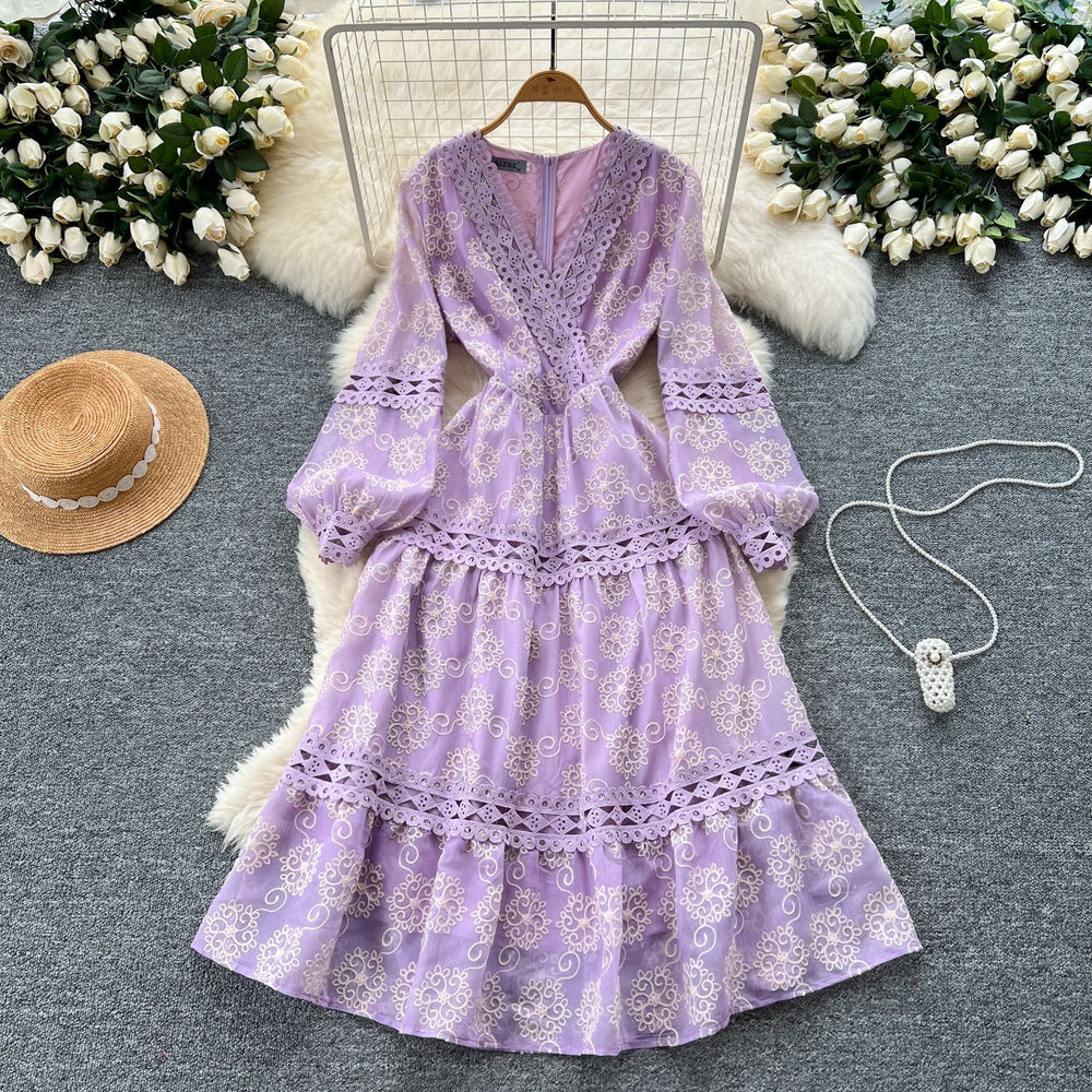 French court style floral lantern sleeve dress - women's spring hollow-out crochet v-neck design, elegant and luxurious maxi dress