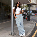 new striped blue high-waisted wide-leg drawstring cargo pants - versatile style for cross-border e-commerce on  (us & europe)