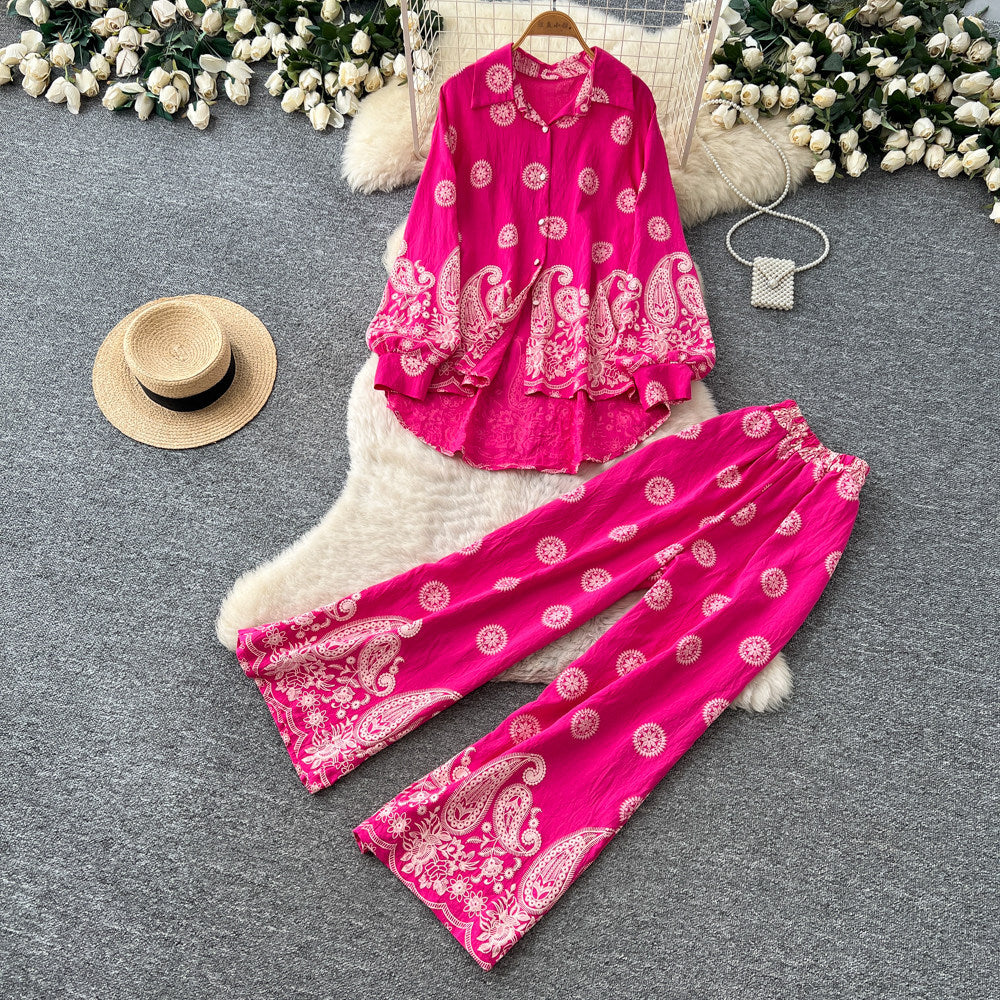 Retro ethnic style printingeleganttwo-piece set female autum puff sleeve polo collar silmloose pants royal sister suit