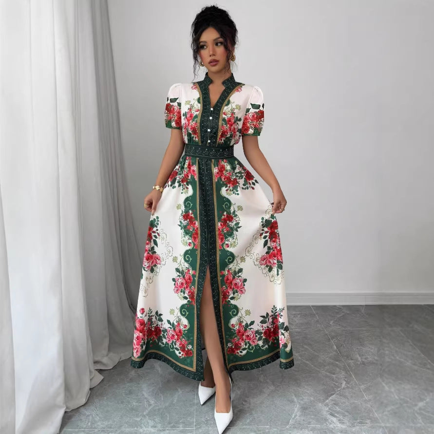 Vintage court style v-neck lantern sleeve printed dress - women's early spring korean style long sleeve cinched waist slimming a-line maxi dress