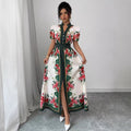 Vintage court style v-neck lantern sleeve printed dress - women's early spring korean style long sleeve cinched waist slimming a-line maxi dress