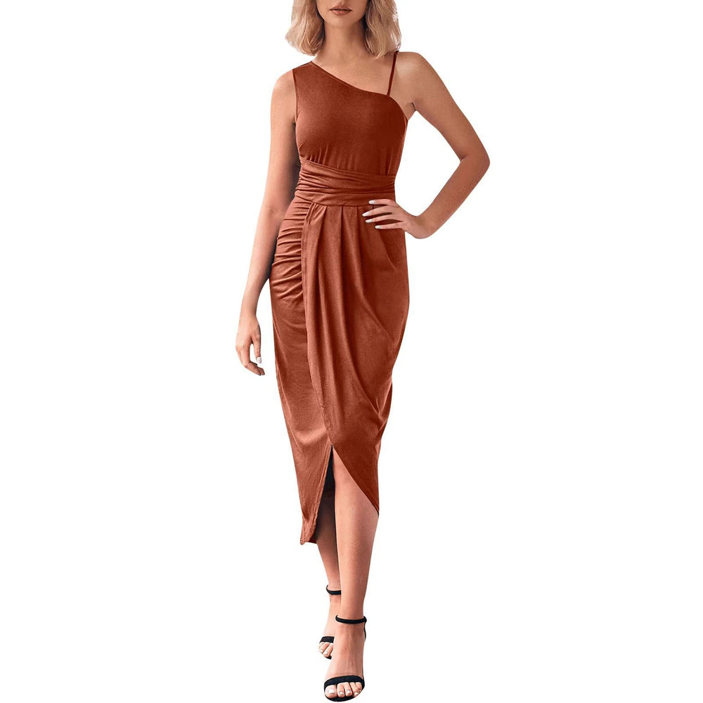 fashion style  women's long skirt new arrivalasymmetrical oblique shoulder silmdress for women