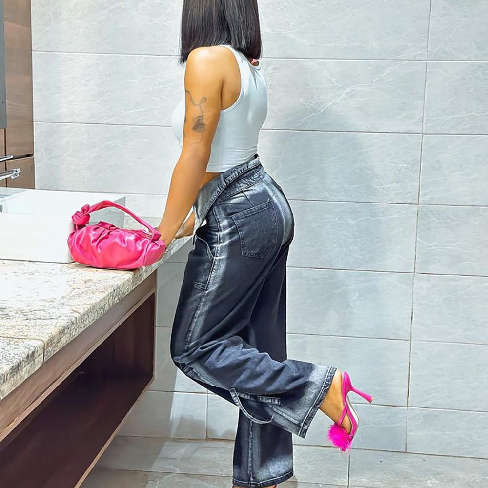 European and american cross-border women's fashion: 's new hot-selling trendy retro high-waisted denim jeans - instagram-style loose straight-leg pants