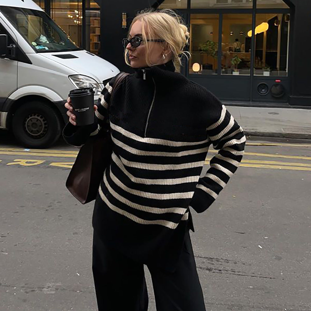 European and american women's clothing  fall/winter new arrivals:  cross-border casual turtleneck striped zipper pullover knit sweater