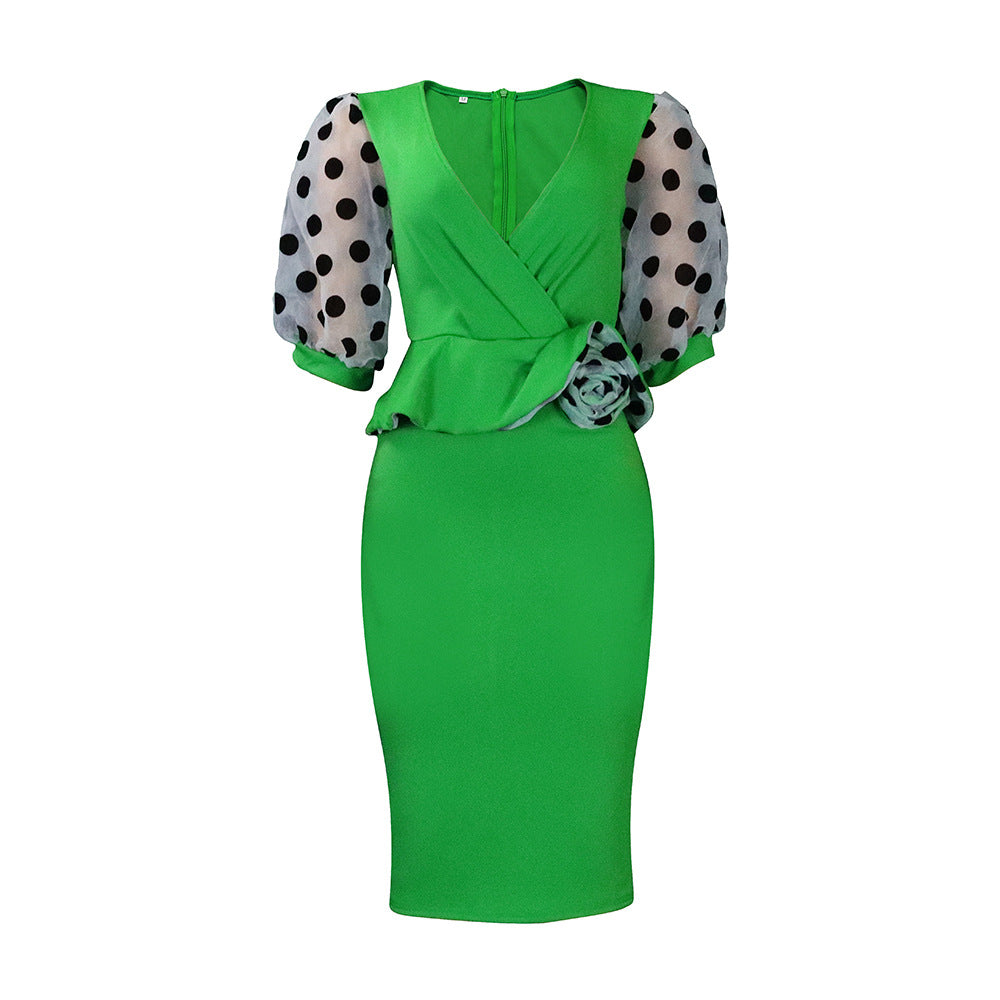 D502  summer new arrival mesh flocked puff sleeve v-neck fashionable elegant bodycon foreign trade dress