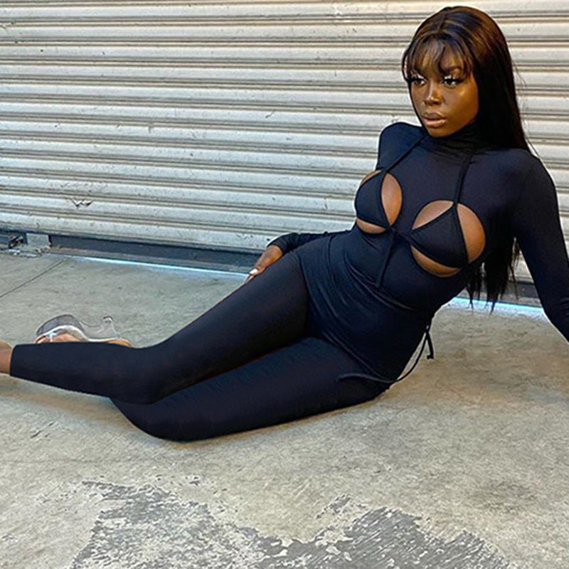 S7567 fashion European and American street sports style solid color hollow jumpsuit with suspender vest set two-piece set