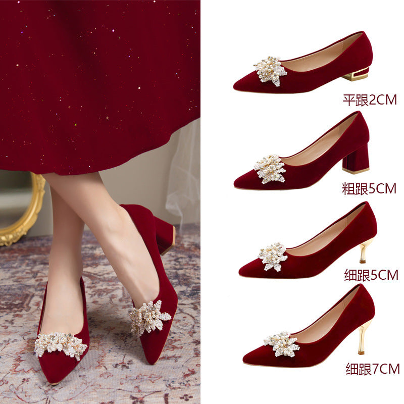 Red xiuhe wedding shoes, beaded flower bridal shoes, non-tiring feet, classy chinese style, pregnant women, engagement and toast, high thick heels