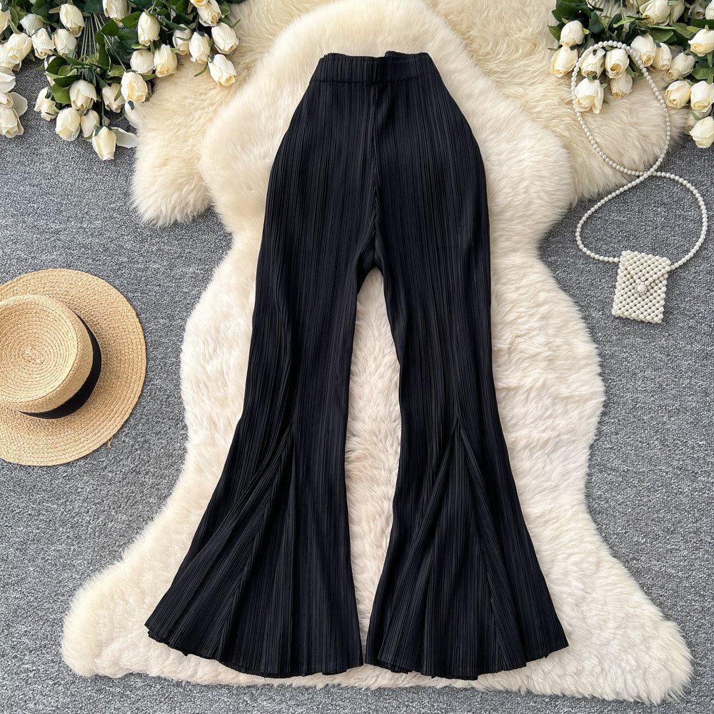 K-stylehigh waistdrapedknitting elastic waist wide leg pants women's spring and summerwork clothing styleeasiest for match silm bootcutpants