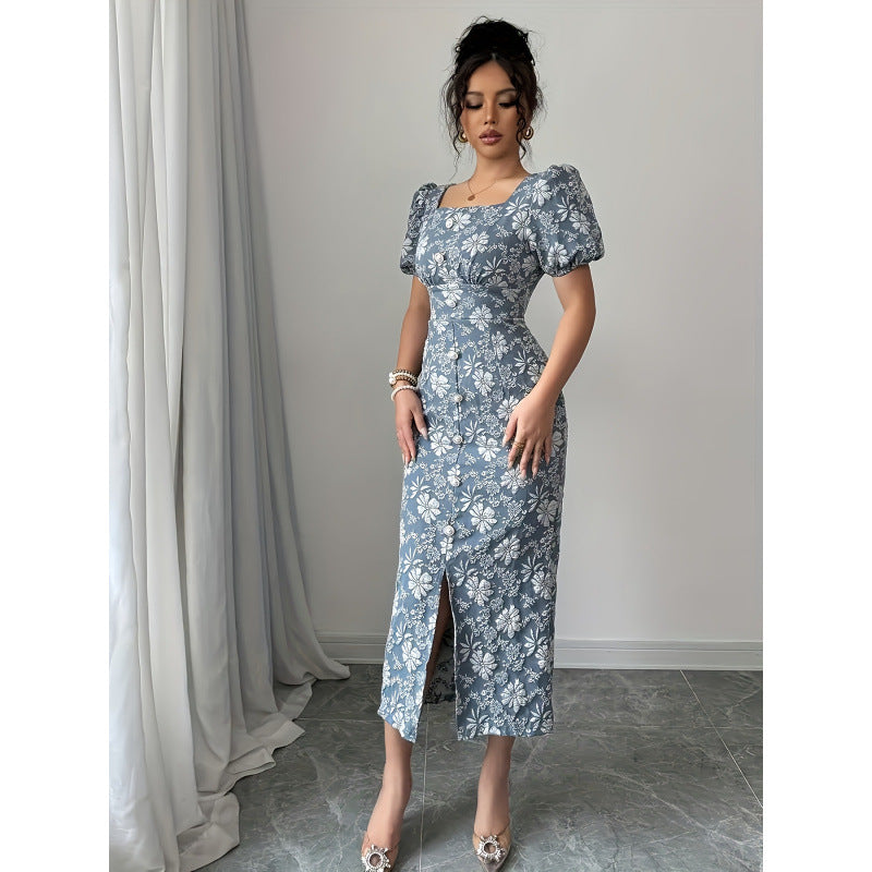 new cross-border listing:  women's original elegant square neck puff sleeve pearl button dress