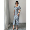 new cross-border listing:  women's original elegant square neck puff sleeve pearl button dress