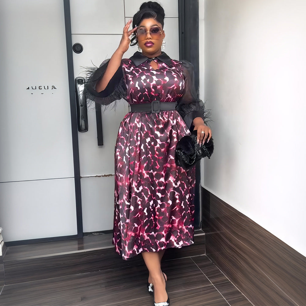 new arrival  african women's plus size cross-border trade three-quarter sleeve black feather lapel printed dress
