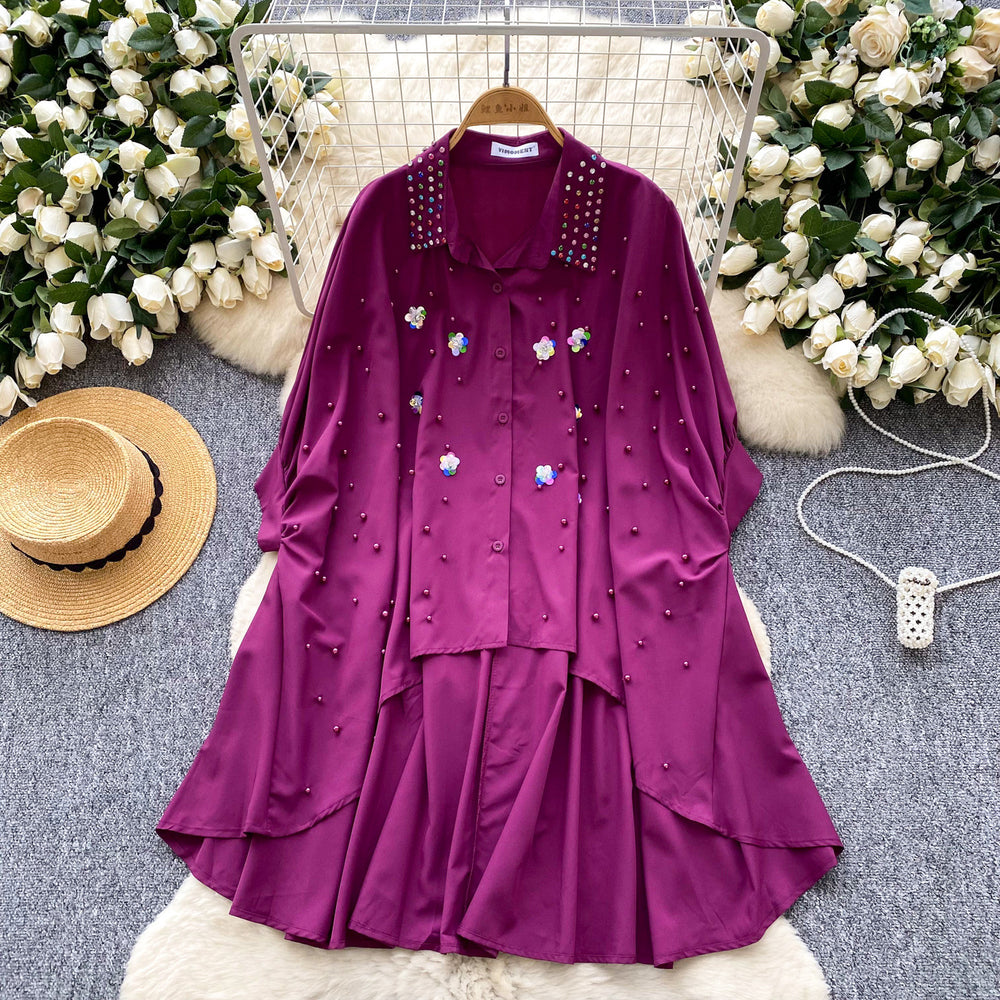 Fashionfashionable heavy industry beading stereo flower shirt women's sense of design asymmetrical loose bat sleeve tops
