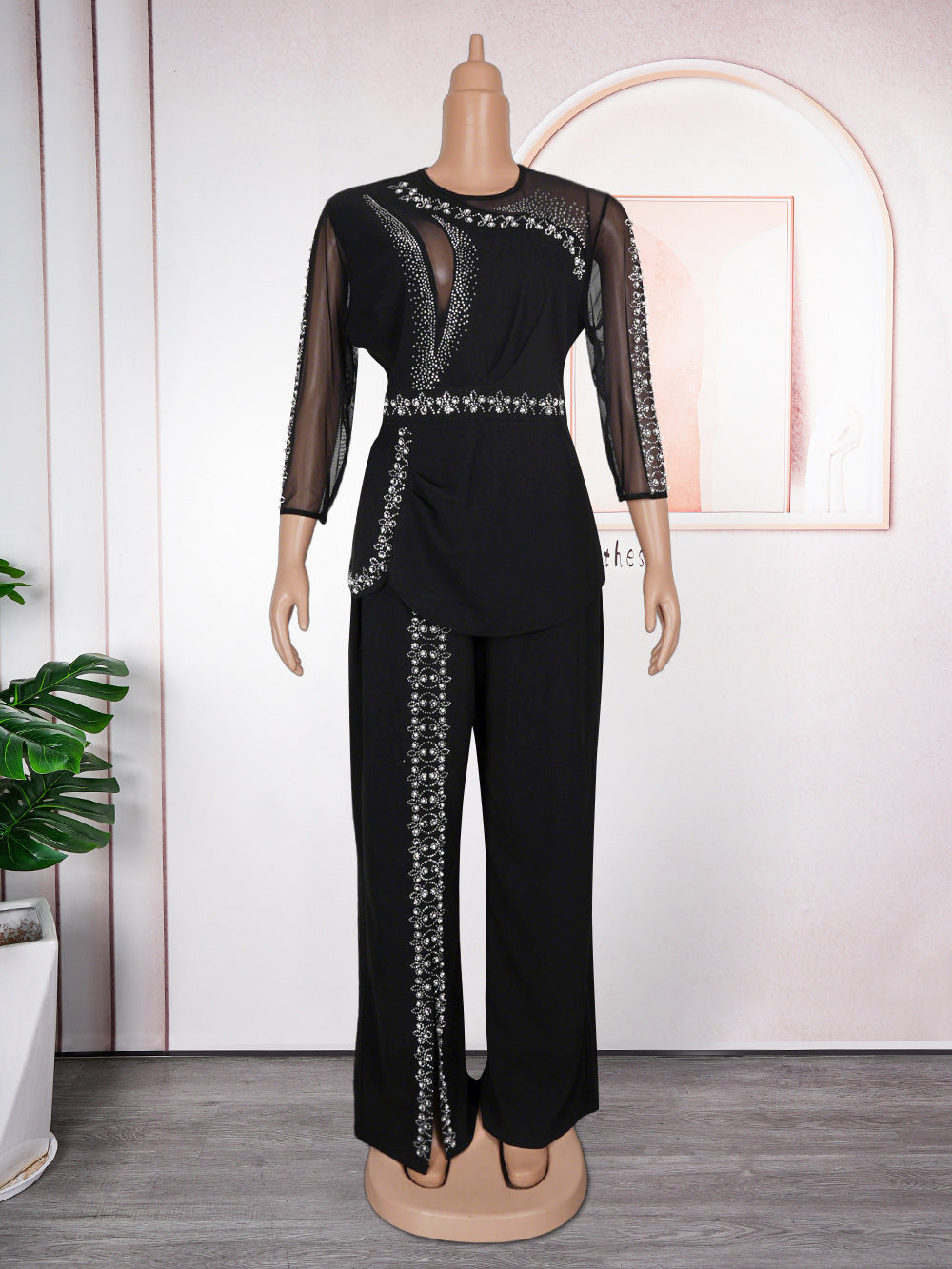 African plus size trendy new women's cross-border long sleeve top + pants two-piece set