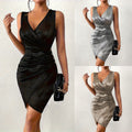 New arrival: sexy bodycon mini dress - fashionable v-neck, casual color block, solid color, metallic accents, and ruched detail