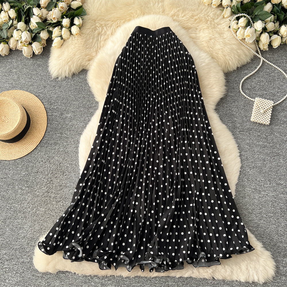 K-style polka dot pleated elegance skirt women's high waistslimming looka-line long skirtwork clothingeasiest for matchpatchworkelegant skirt